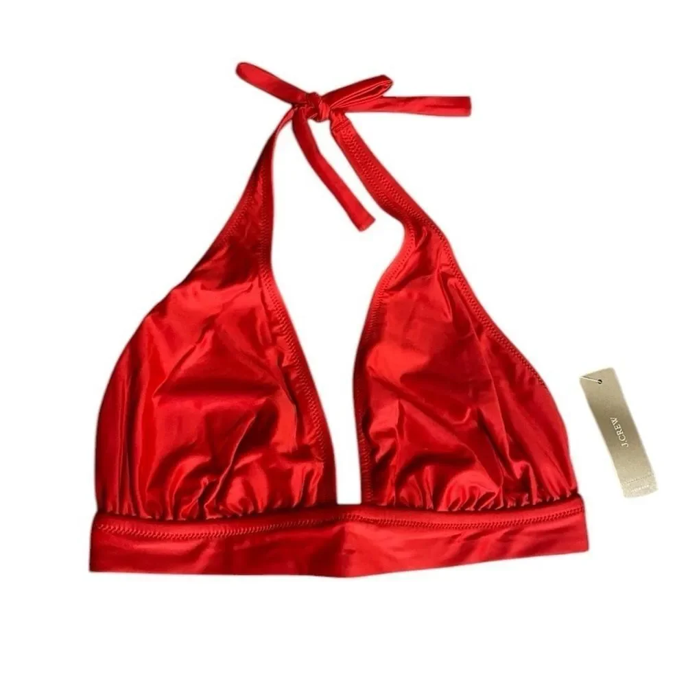 NEW J. Crew DD Halter Tie Back Bikini Top w/ Mesh V Neck Size M Venetian Red
